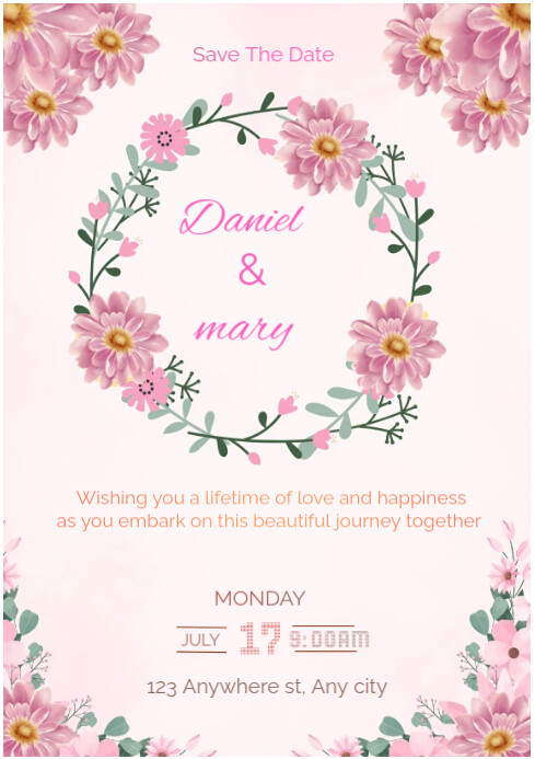 White Joyful Pink Background Wedding Card A4 Template | PosterMyWall