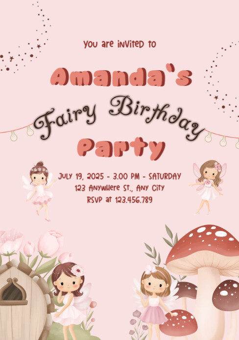 White Joyful Pink Fairy Birthday Party Invitation Card A5 Template ...