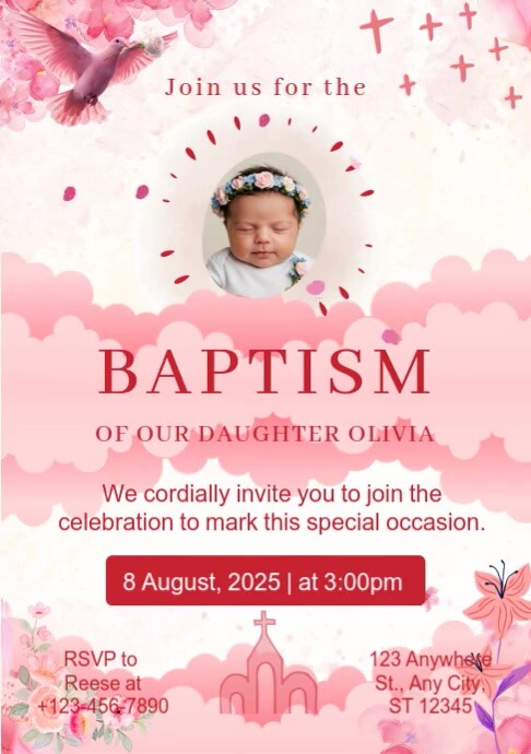 White Joyful Pink Watercolor Baptism A4 template