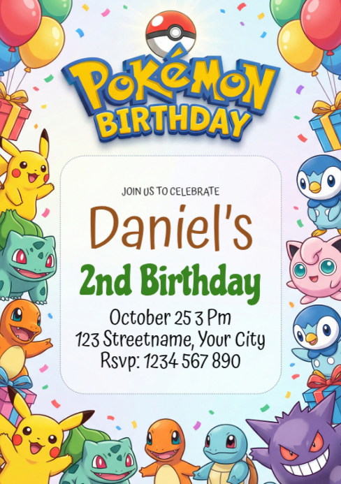 printable pokemon birthday cards Invitation with FREE Thank you card! – Vitedly Pokemon- Colour Your Own Birthday