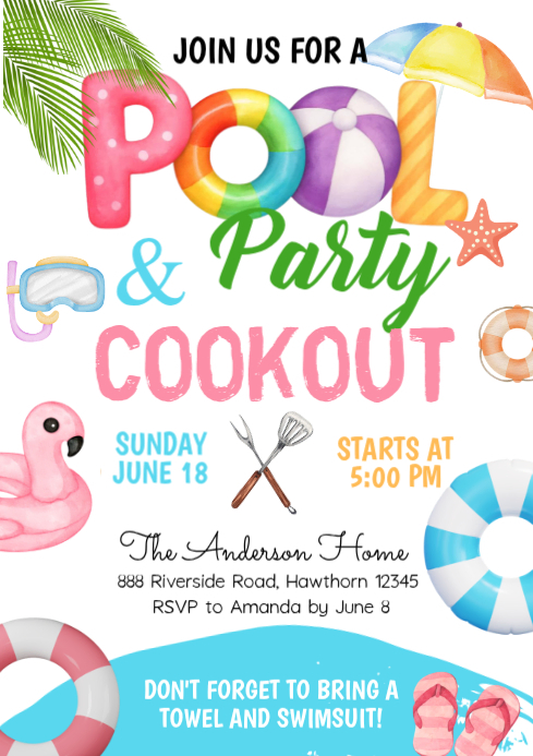 White Joyful Pool Party A4 Template | PosterMyWall