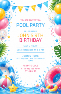 白色 Pool Party Invitation Halv side bred Template