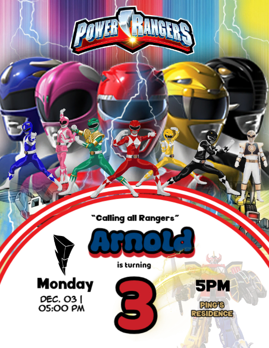 White Joyful Power Rangers Birthday Party Flyer Template | PosterMyWall