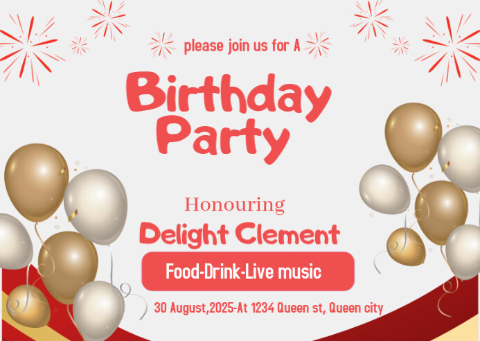 White Joyful Red Grey 3d Illustrative Birthday Party Card  A6 template