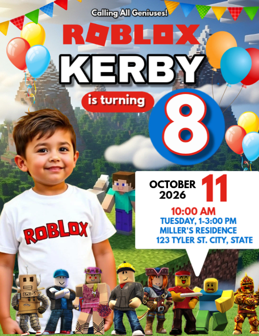 White Joyful Roblox Birthday Flyer (us Letter) Template | PosterMyWall