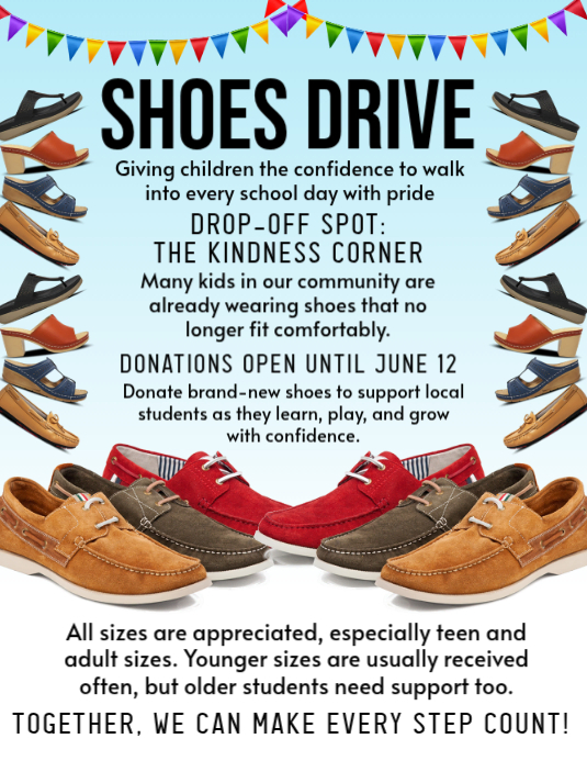 White joyful shoe donation drive flyer Template | PosterMyWall