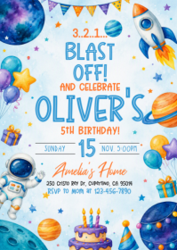 White Space-Themed Birthday Party A6 Template