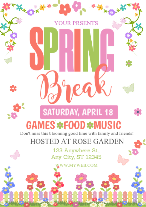 Modèle White Joyful Spring Break Event A4 | PosterMyWall