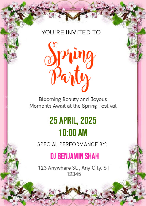 White Joyful Spring Party 25 April Celebration A6 template