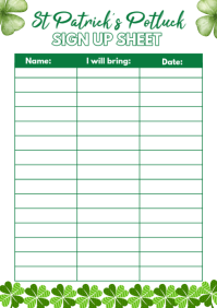 White Joyful St Patrick's day Potluck Sign Up Sheet  A3 template