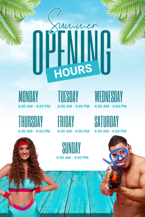 White Joyful Summer Opening Hours Poster Template | PosterMyWall