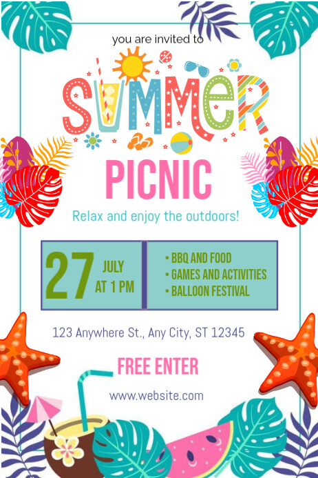 White Joyful Summer Picnic Invitation Poster Cartaz template