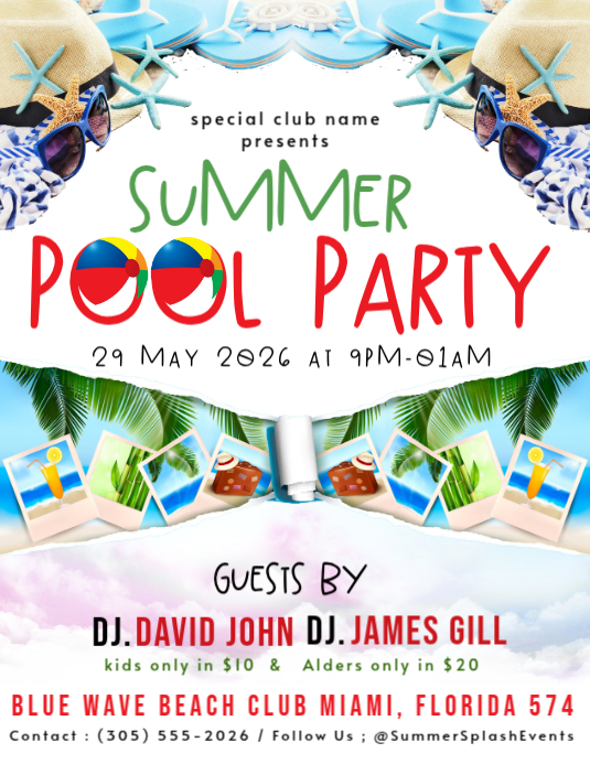 White Summer Pool Party Flyers Template | PosterMyWall