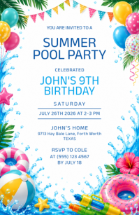 Hvid Summer Pool Birthday Party Invitation Halv side bred Template
