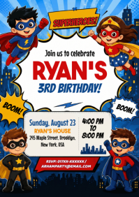 White Joyful Superhero Birthday Party A4 template