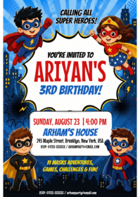 White Joyful Superhero Birthday Party A6 template