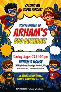 White Joyful Superhero Birthday Party Banner 4' × 6' Banier 4’×6’ template
