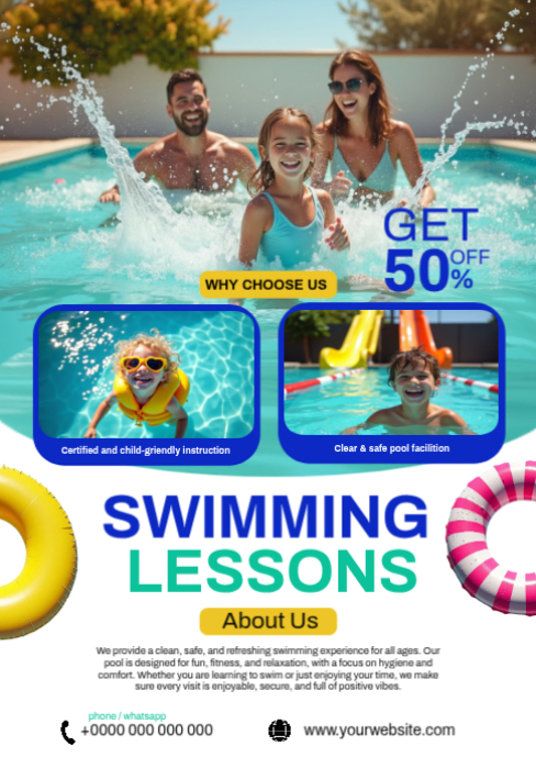 White Joyful Swimming Lessons A6 Template | PosterMyWall