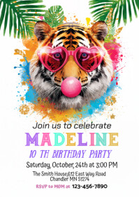 White Joyful Tiger Jungle Birthday Invitation A3 template