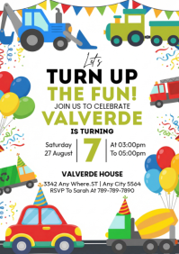 White Joyful Transportation Birthday Party Template A5