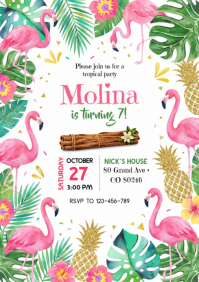 White Joyful Tropical Birthday Party A4 template