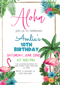 White Joyful Tropical Birthday Party A6 template