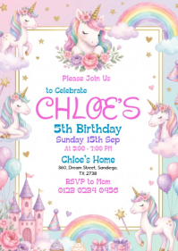 Hvid Unicorn Birthday Party A6 Template