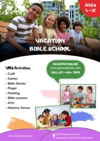 White Joyful Vacation Bible School Flyer VBS 2026 Kids Church Program Christian Summer Camp Poster T A6 template