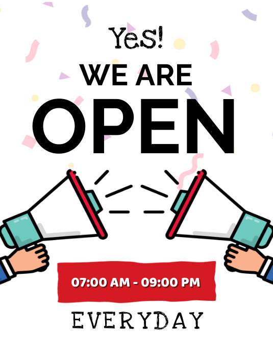 White Joyful We're Open Announcement Notifica Flyer (US Letter) template