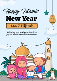 White Joyful Yellow And Green Illustrative Happy Islamic New Year Poster A2 template