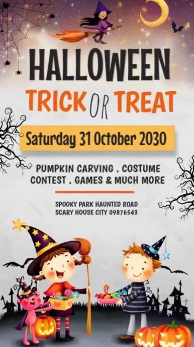 White Joyful Yellow and Orange Halloween Trick or Treat Party Instagram Story template