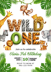 White Jungle Safari Birthday A5 template
