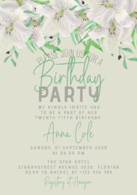 White lily flower birthday invitation A5 template