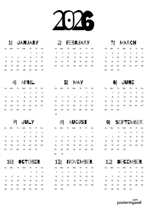 White List-based 2026 Calendar A4 Template | PosterMyWall