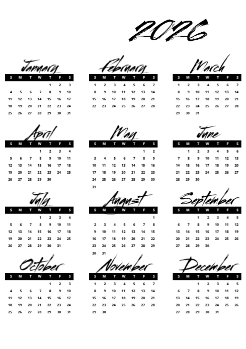 White List-based 2026 Calendar A4 Template | PosterMyWall