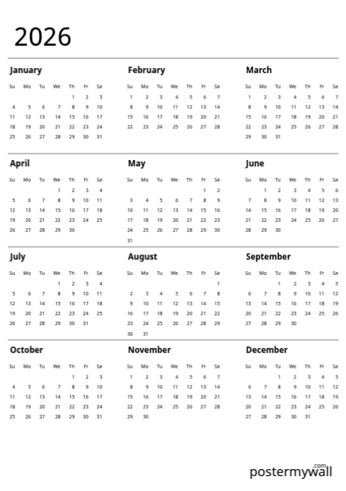 White List-based 2026 Free Calendar A4 Template | PosterMyWall