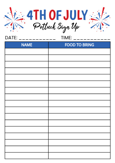 White List-based 4th Of July Potluck Sign Up Sheet A4 template
