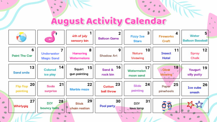 White List-based August Activities Calendar  Presentation (16:9) template