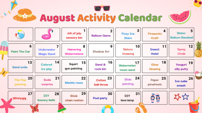 White List-based August Activities Calendar  Presentation (16:9) template