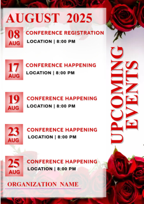 White List-based August Upcoming Events Calendar  A6 template