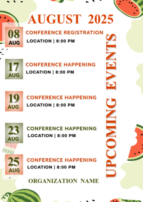 White List-based August Upcoming Events Calendar  A6 template