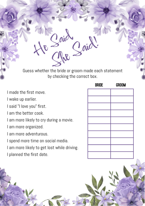 White List-based Bridal Shower Game A4 template
