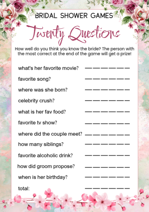 White List-based Bridal Shower Game A4 template