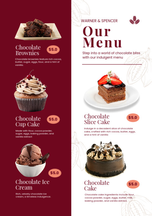White List-based Chocolate Cake Menu A4 template