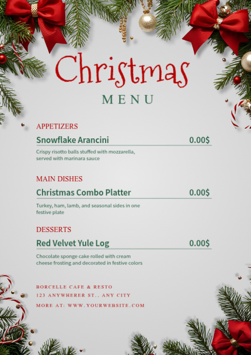 White List-based Christmas Menu Card For Restaurant Ad Flyer Template A4
