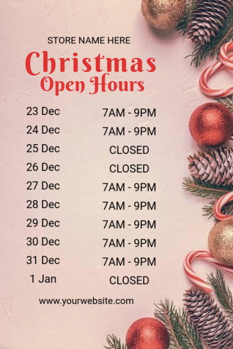 Holiday Hours Example Christmas Open Hours Posters Template | PosterMyWall