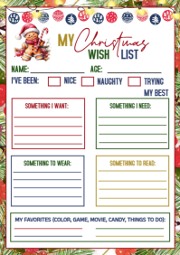 White List-based Christmas Wish List For Kids A4 template