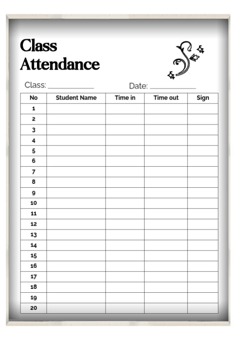 White List-based Class Attendance A4 template