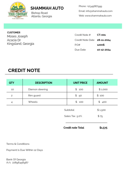 White List-based Credit Note Template A5