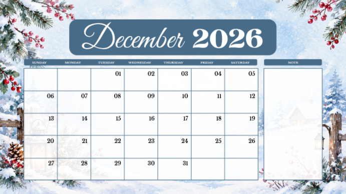 White List-based December 2026 Calendar Digital Display Template ...